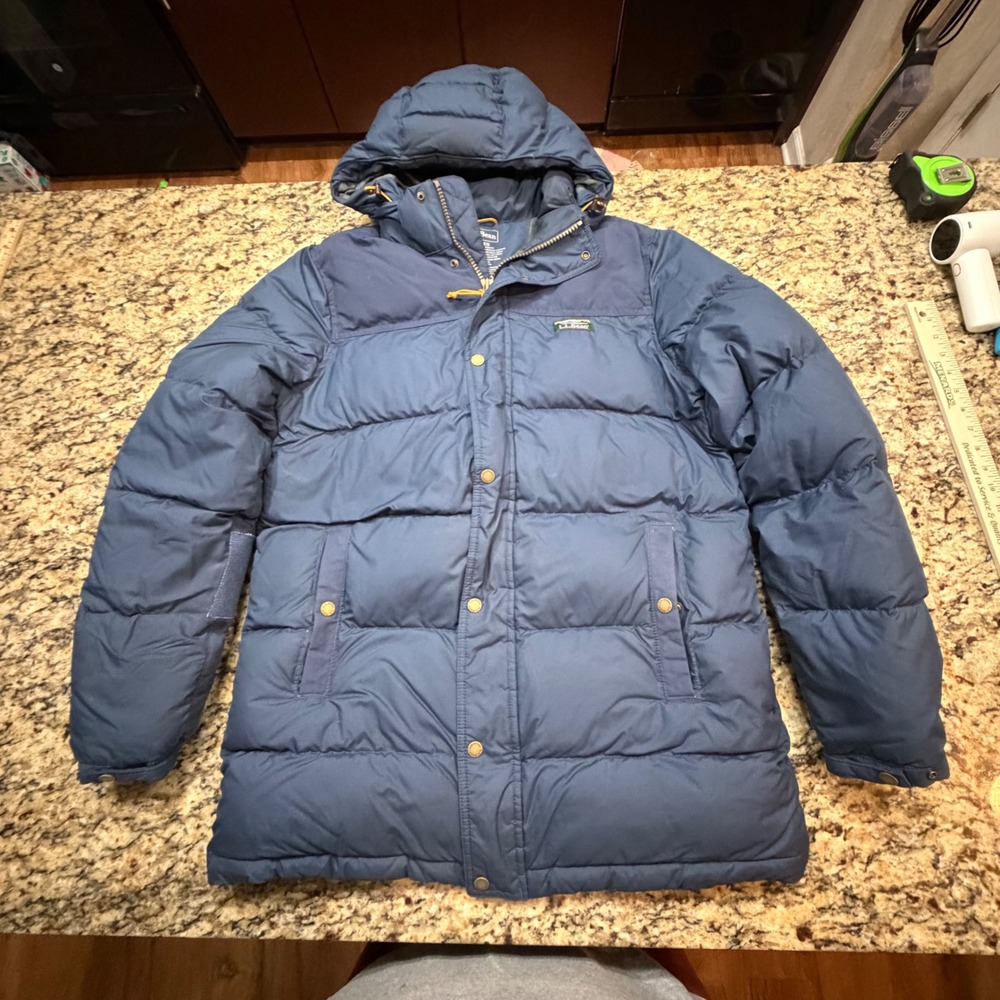 LL Bean Mens Navy Blue Down Puffer Parka Jacket Hooded Ripstop Vintage XL